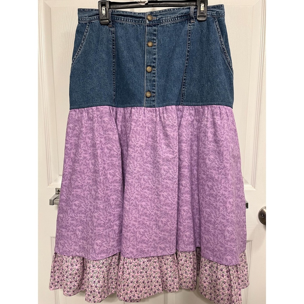 Repurposed Denim Skirt Lavender Calico Fabric Western Boho Charlotte Size 14